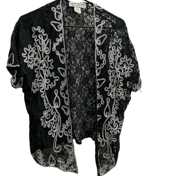 Black Lace Cardigan Kimono with White Embroidery - Picture 1 of 3